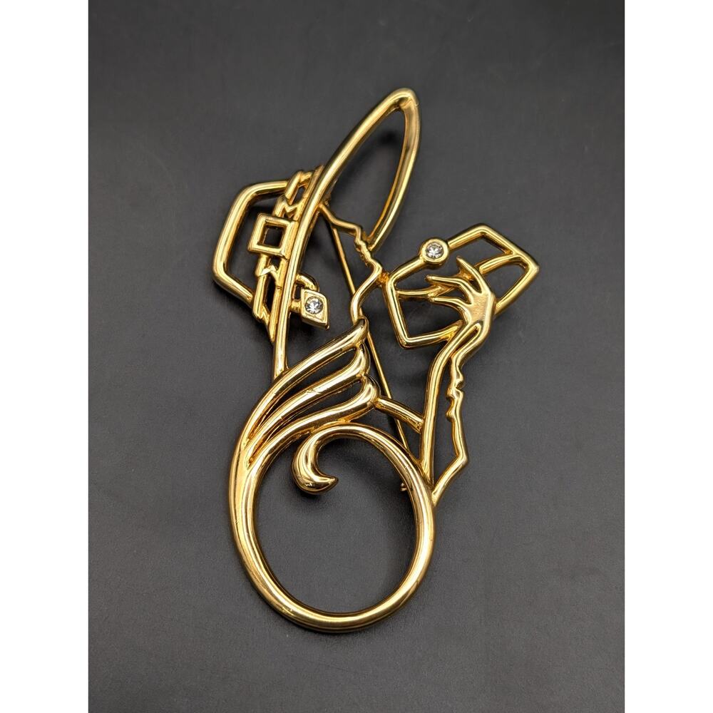 Vintage JJ Jonette Jewelry Art Deco Style Silhouette Woman Hat Brooch Gold Tone